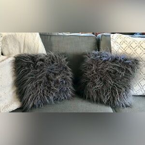 Set 2 Solid Grey Reversible Faux Fur Decorative Throw Couch 16” Pillows Cushions